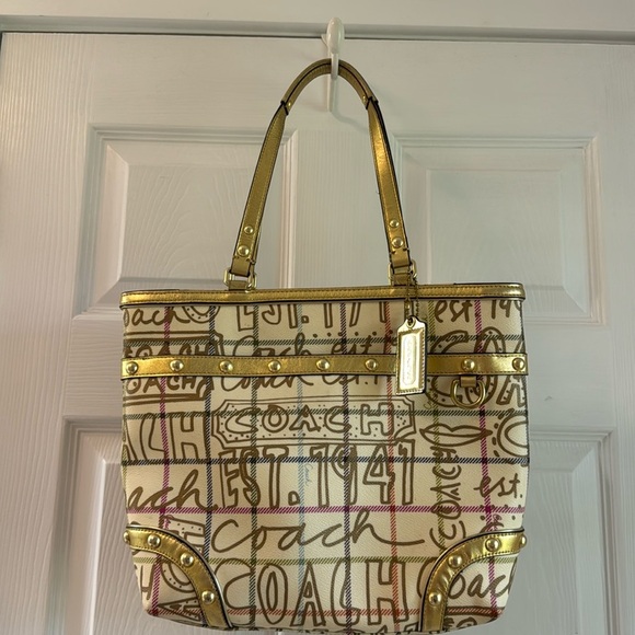 COACH HERITAGE TATTERSAL GRAFFITI  GOLD TOTE - Picture 1 of 12